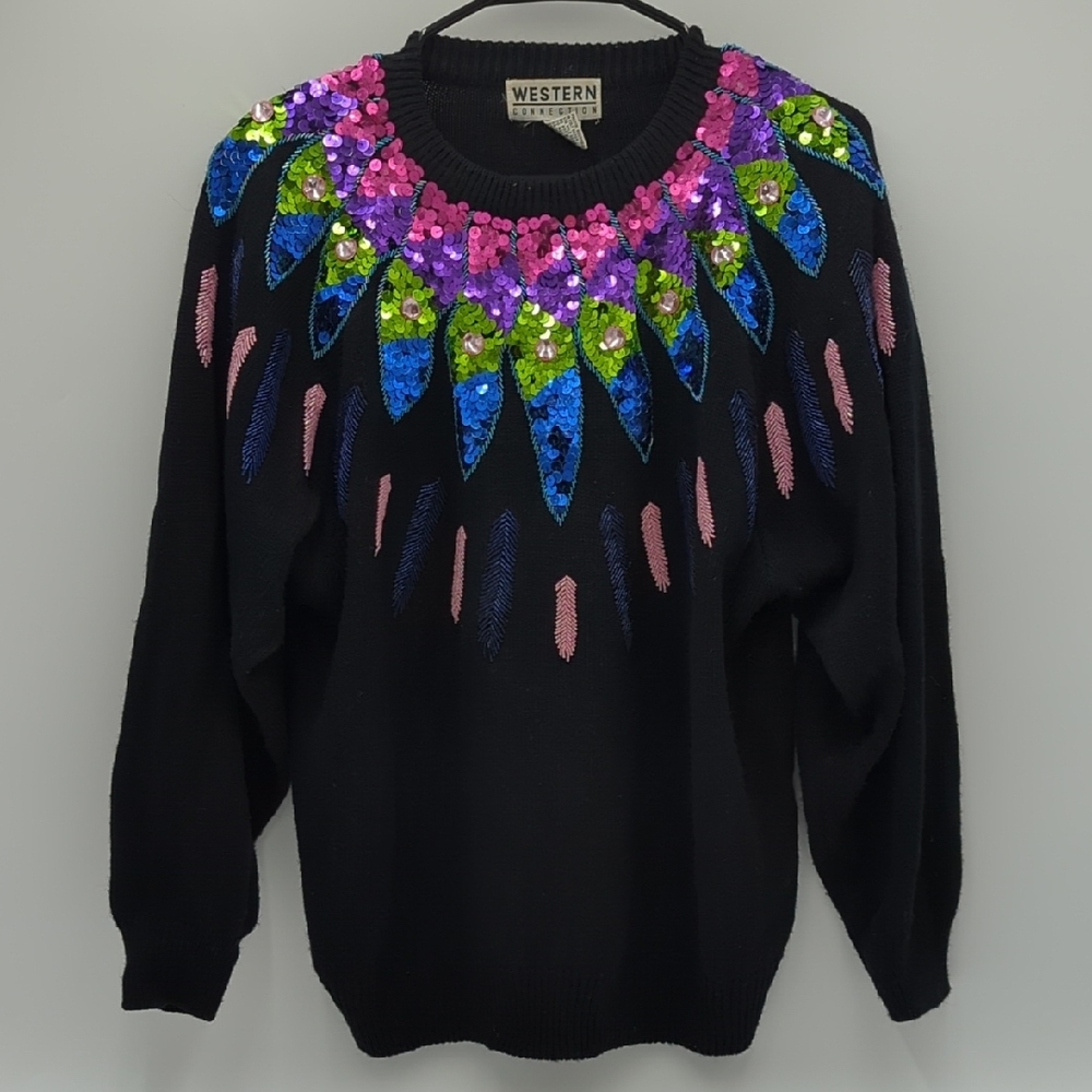 Vintage 80s Black Sequins Floral Sweater Beaded Glam Party Knit  Medium Retro